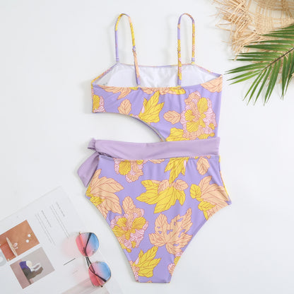 Lilac Bloom Cutout Swimsuit & Chiffon Sarong Set
