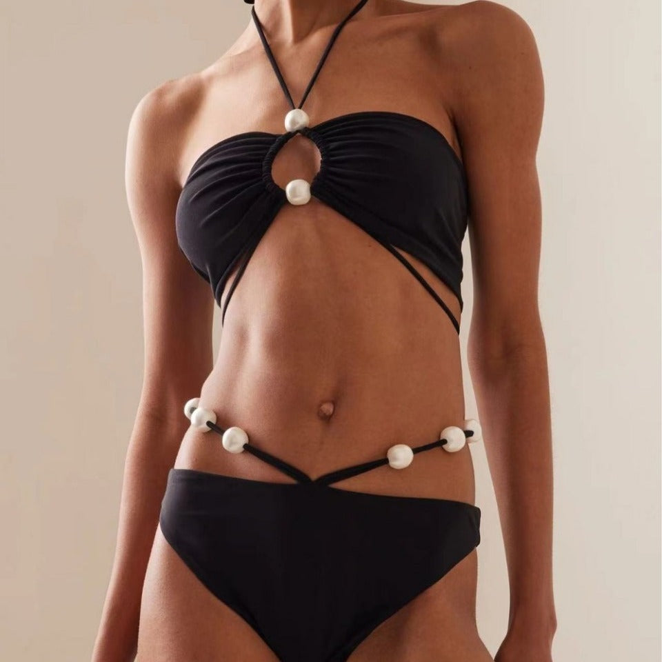 Pearl Accent Cut-Out Bikini Set – Ivory Elegance
