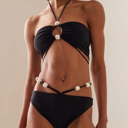 Pearl Accent Cut-Out Bikini Set – Ivory Elegance