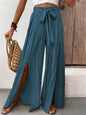 High-Waisted Wide-Leg Slit Pants with Self-Tie Waist (Black | Teal)