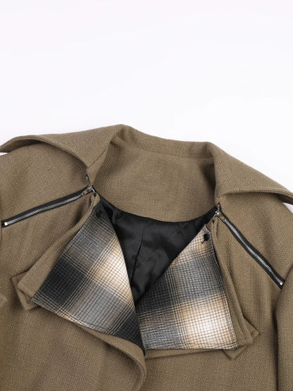 Stylish Woolen Jacket with Edgy Assymetric Hemline, Long Sleeve, and Plaid Design  Details