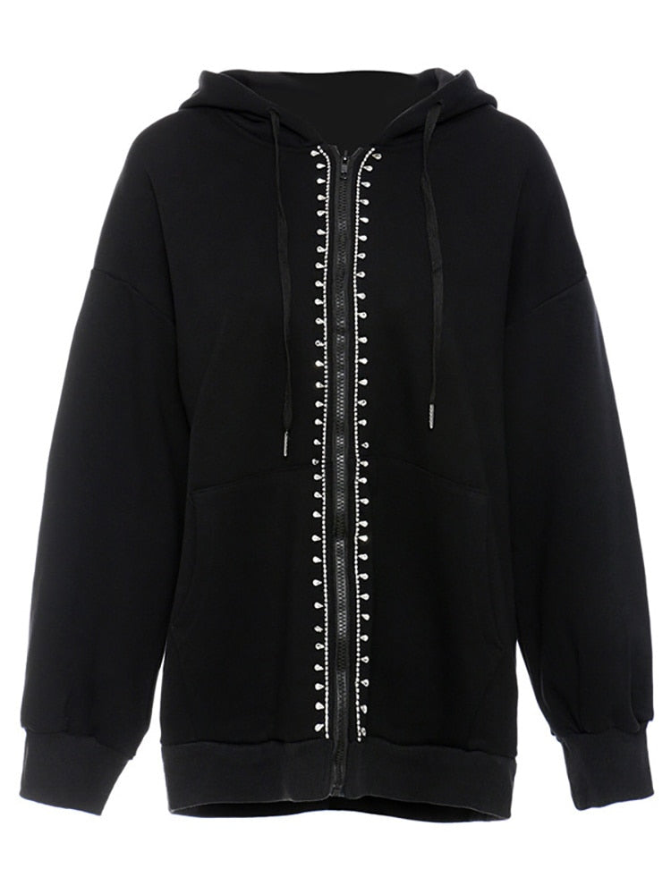 Cool Women's  Black Long Sleeved Hoodie with a Back Cut-out Design and Front Zipper,