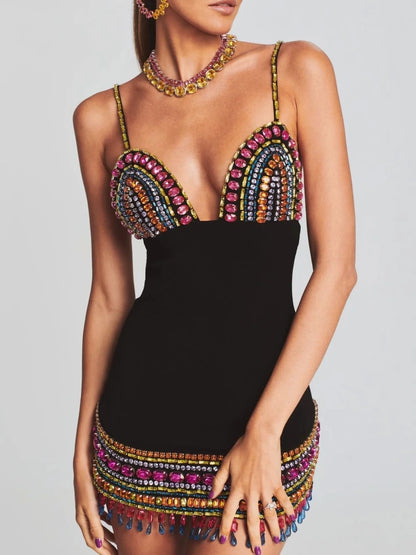 Rainbow Crystal Embellished Fringe-Hem Mini Dress