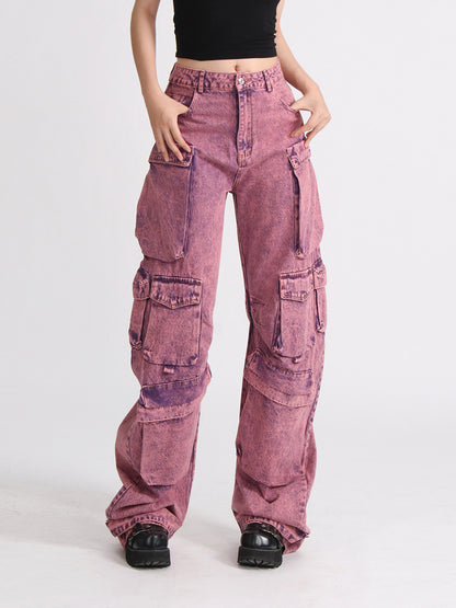 Acid-Wash Pink Utility Cargo Jeans