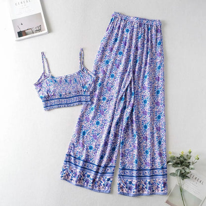 Vintage Pattern Two-piece Set with Wide Legged Pants and  Cropped Camisole Top