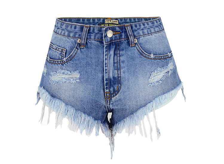 Women's High-Waisted  Washed And Polished Jean Short Shorts with Fringe