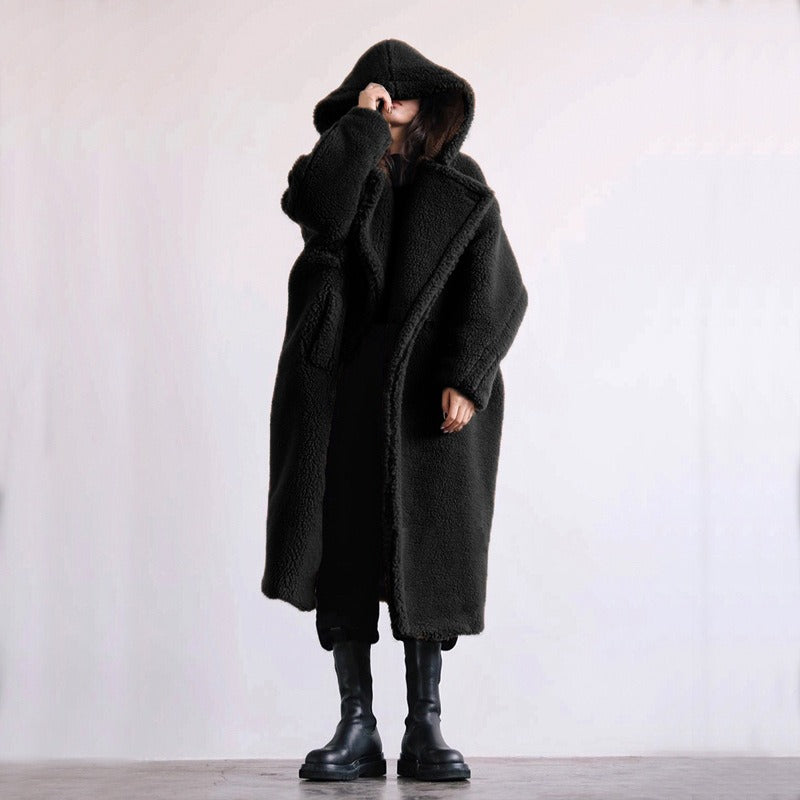 Fashionable Faux Lamb Wool Women's Long Coat with a Hood