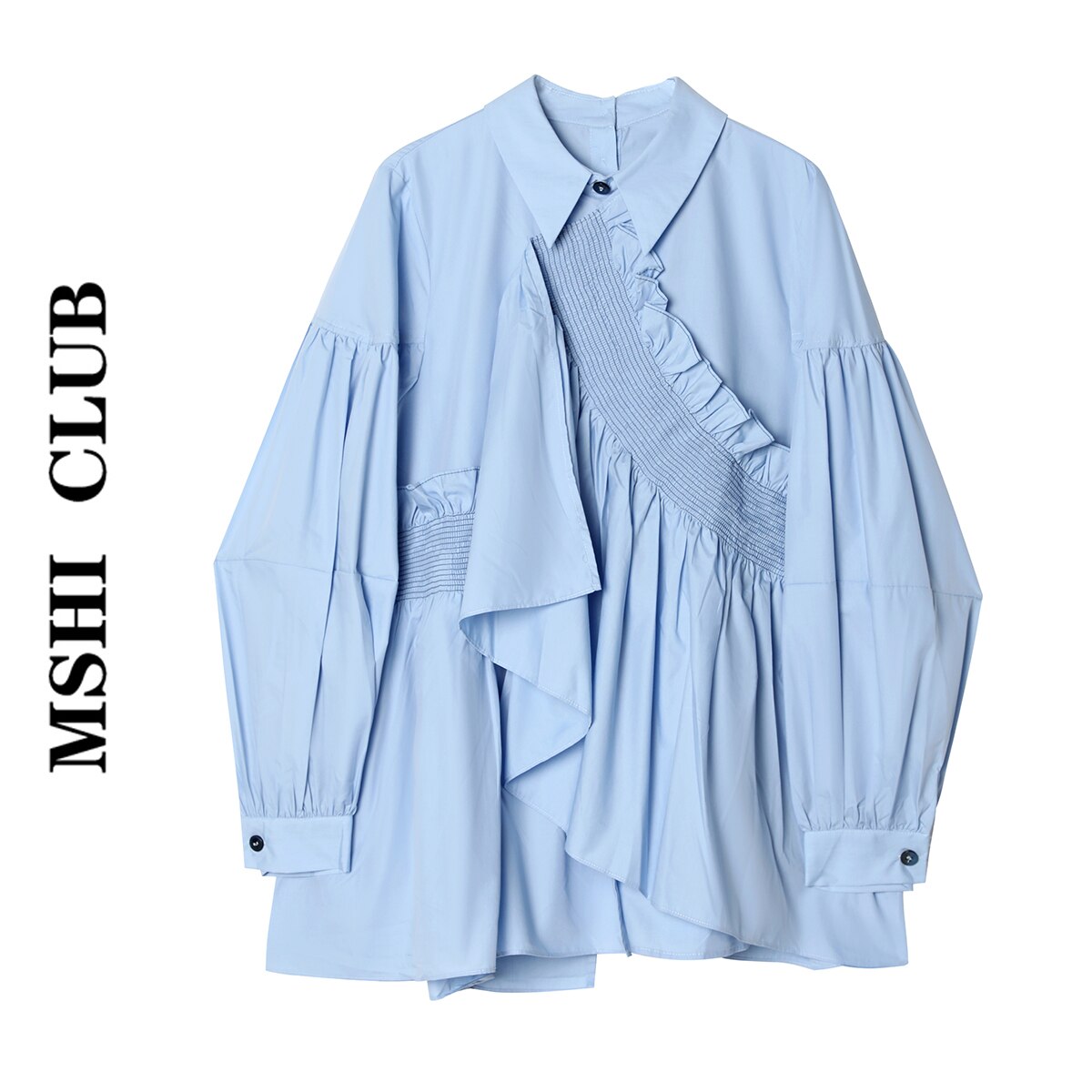 Sky-Blue Smocked Ruffle Asymmetrical Poplin Blouse