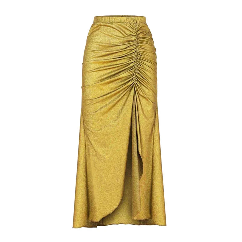 Golden Hour Glam Bikini Set with Matching Ruched Skirt