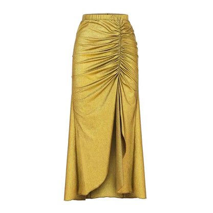 Golden Hour Glam Bikini Set with Matching Ruched Skirt