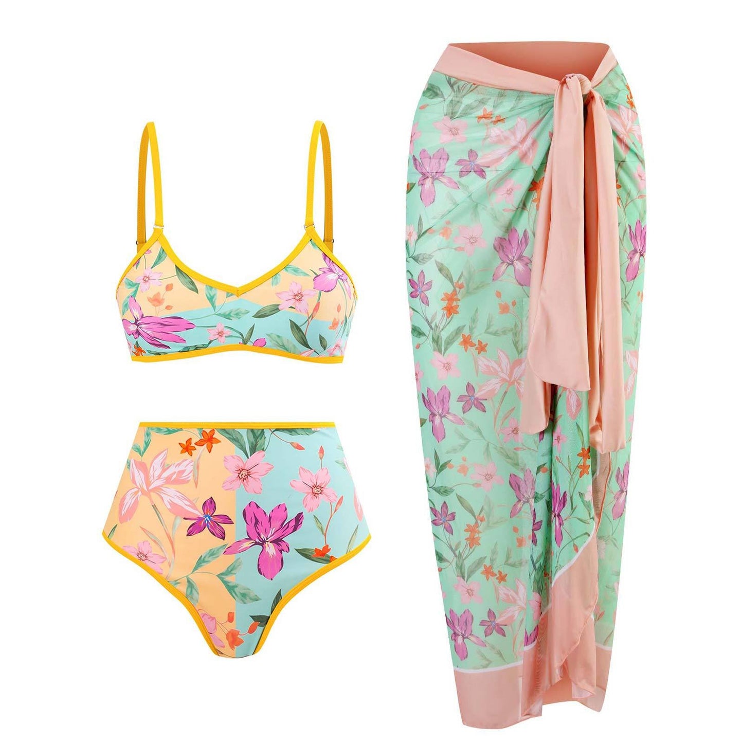 Three-piece Set of Retro Style Print Swimsuits Paired with a Matching Sarong in Multiple Designs