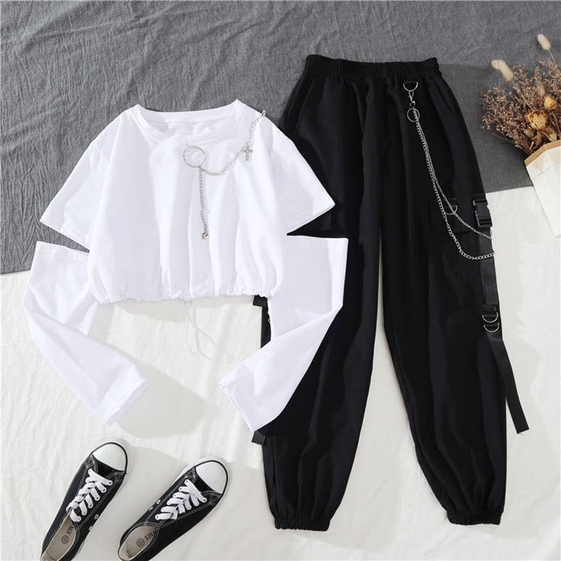 Women's Harajuku Cargo Pants and Long Sleeves Cropped Top with Cool Chains Details