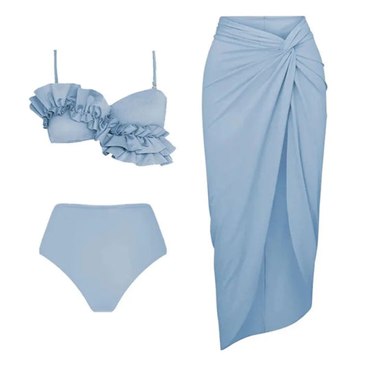 Santorini Breeze Ruffle Bikini & Wrap Skirt Set – Sky Blue