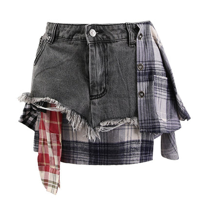 Funky Short High Waisted Denim Skirt with Plaid Patchworks