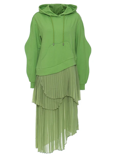 Stylish Long Sleeved Hooded  Green Dress with Tiered Pleats