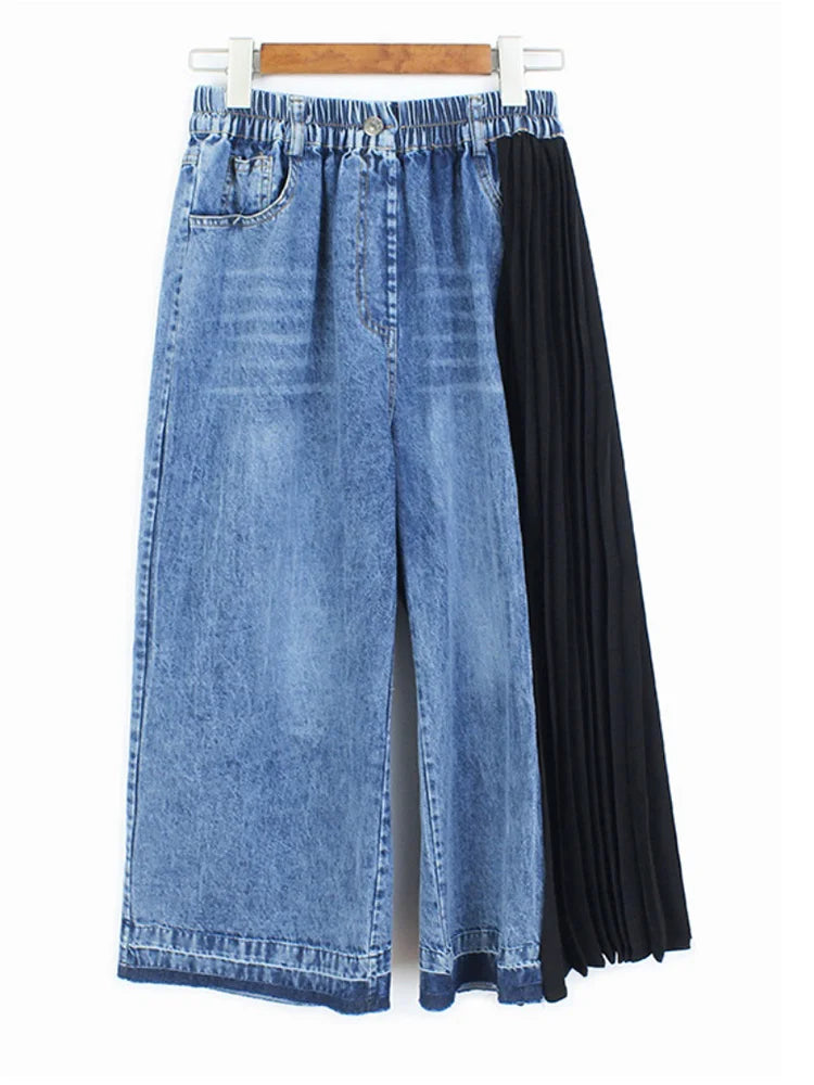 Elastic Waist Denim Pleated Wide Leg Pants