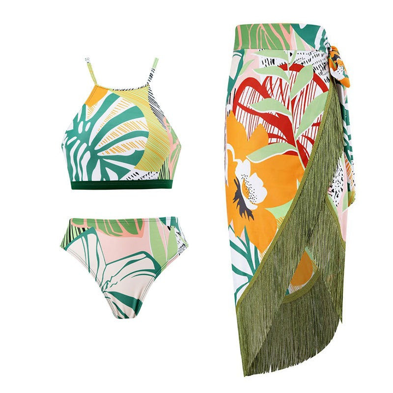 Three-piece Set of Retro Style Print Swimsuits Paired with a Matching Sarong in Multiple Designs