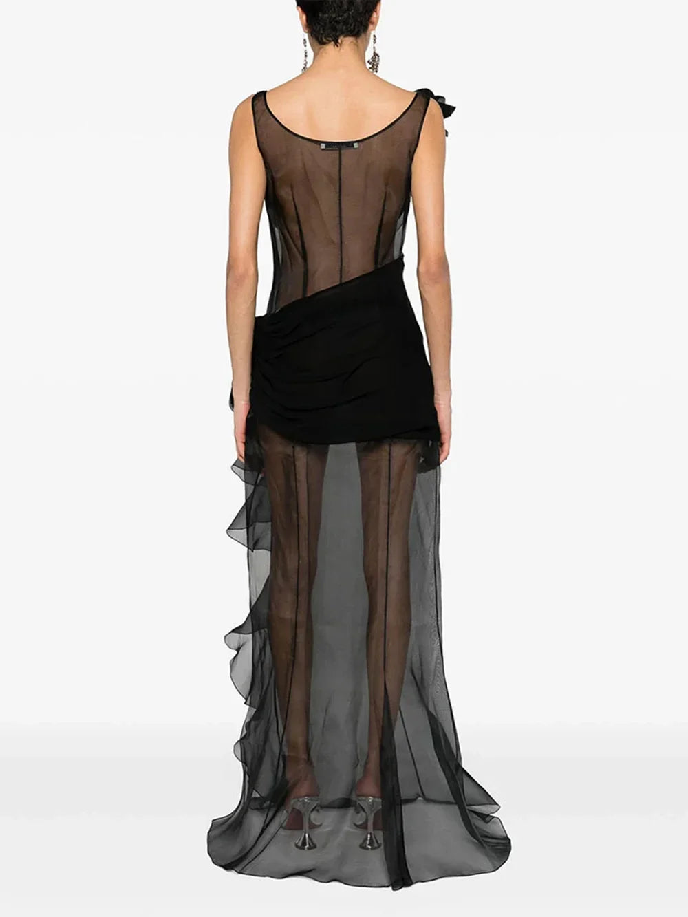 New Sleeveless Sheer  Long Black Gown  with 3D Flowers 
and  Ruffles