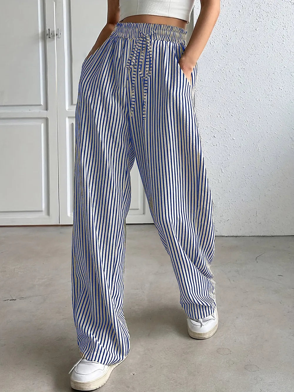 Striped Drawstring Wide-Leg Lounge Pants – Vertical Blue, Tan, & Black Stripe