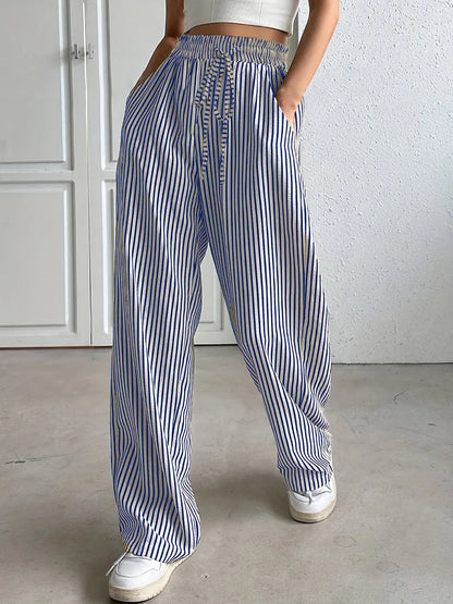Striped Drawstring Wide-Leg Lounge Pants – Vertical Blue, Tan, & Black Stripe
