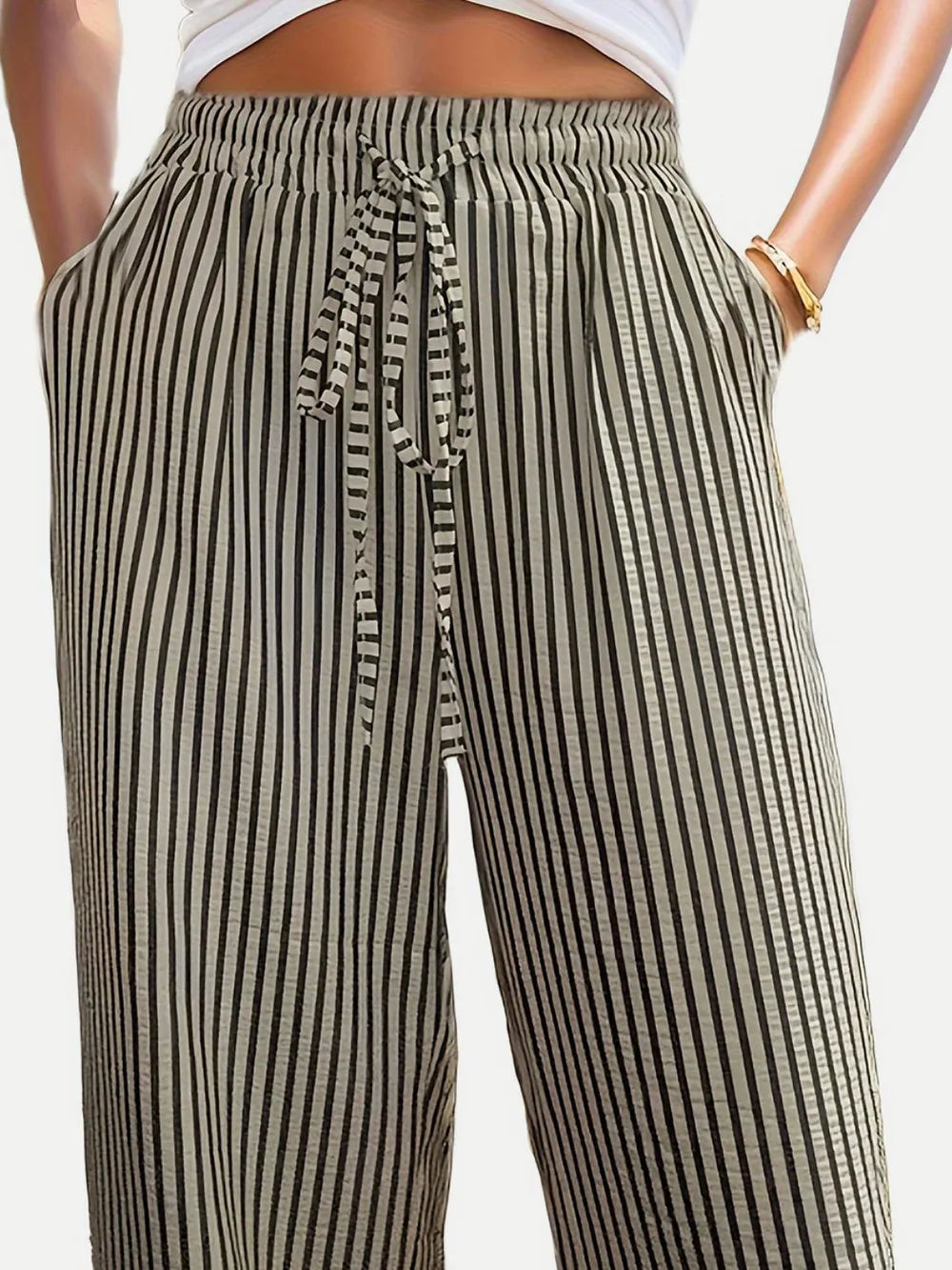 Striped Drawstring Wide-Leg Lounge Pants – Vertical Blue, Tan, & Black Stripe