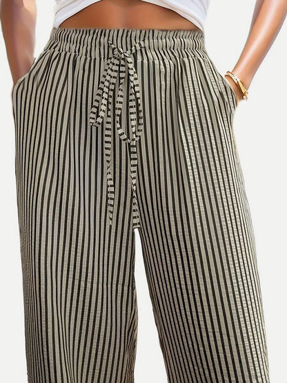 Striped Drawstring Wide-Leg Lounge Pants – Vertical Blue, Tan, & Black Stripe