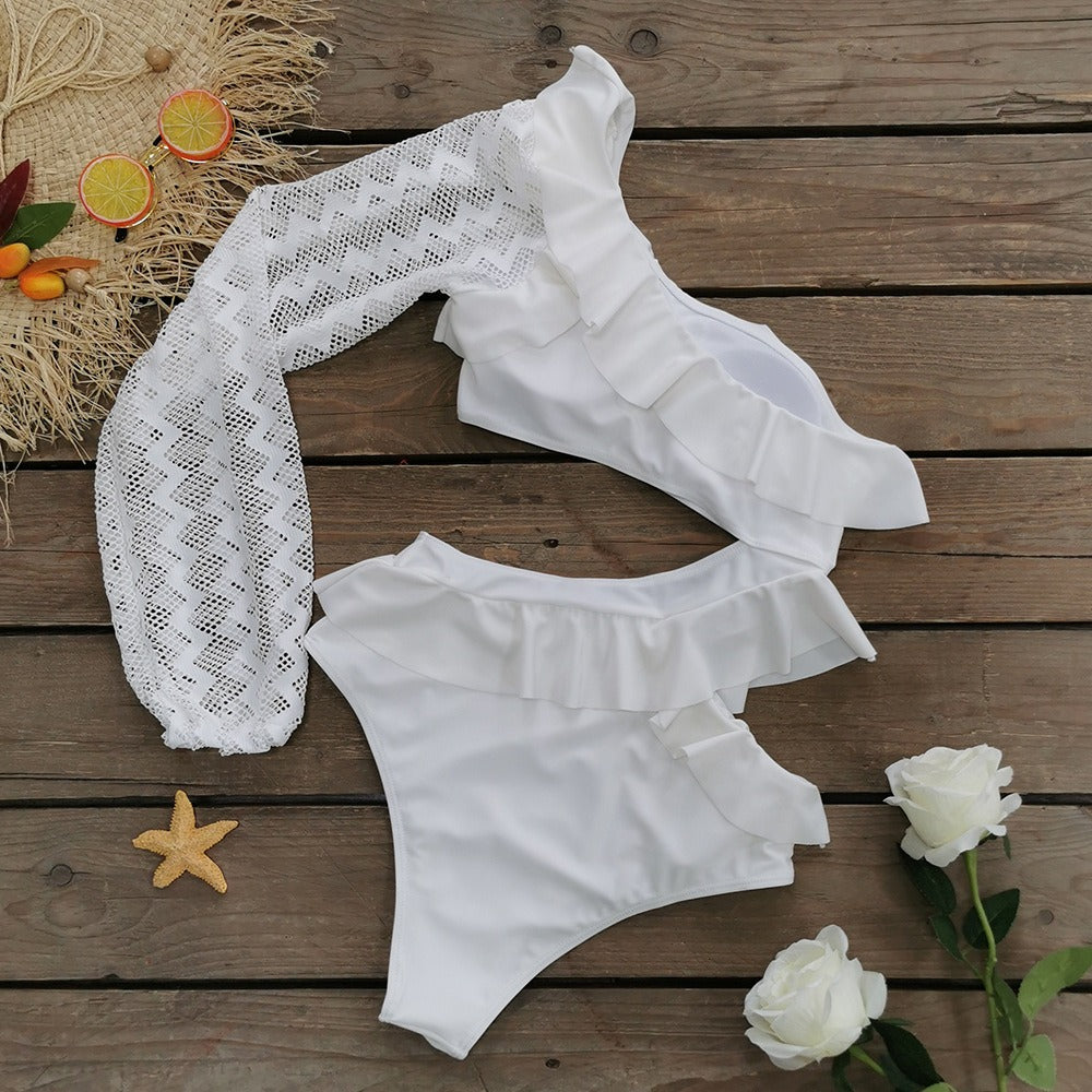 Sculpted One-Sleeve Ruffle Cut-Out Swimsuit – Bridal White