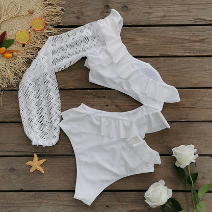 Sculpted One-Sleeve Ruffle Cut-Out Swimsuit – Bridal White