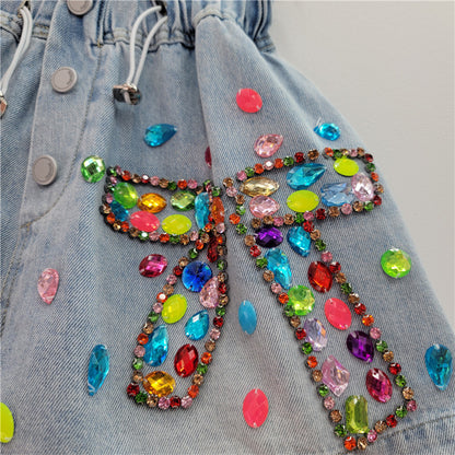 Rainbow Gem Embellished Denim Shorts – Sparkle That Slays