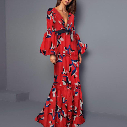 Bohemian Print Long Dress With V-Neck for Women