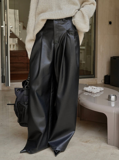 Modern High Waisted Faux Leather Wide Leg Pants