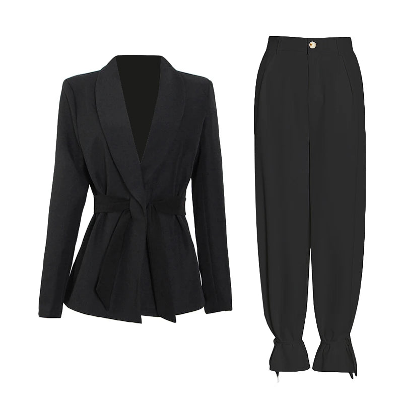 Two Piece Set Belted Blazer and Laced Pants