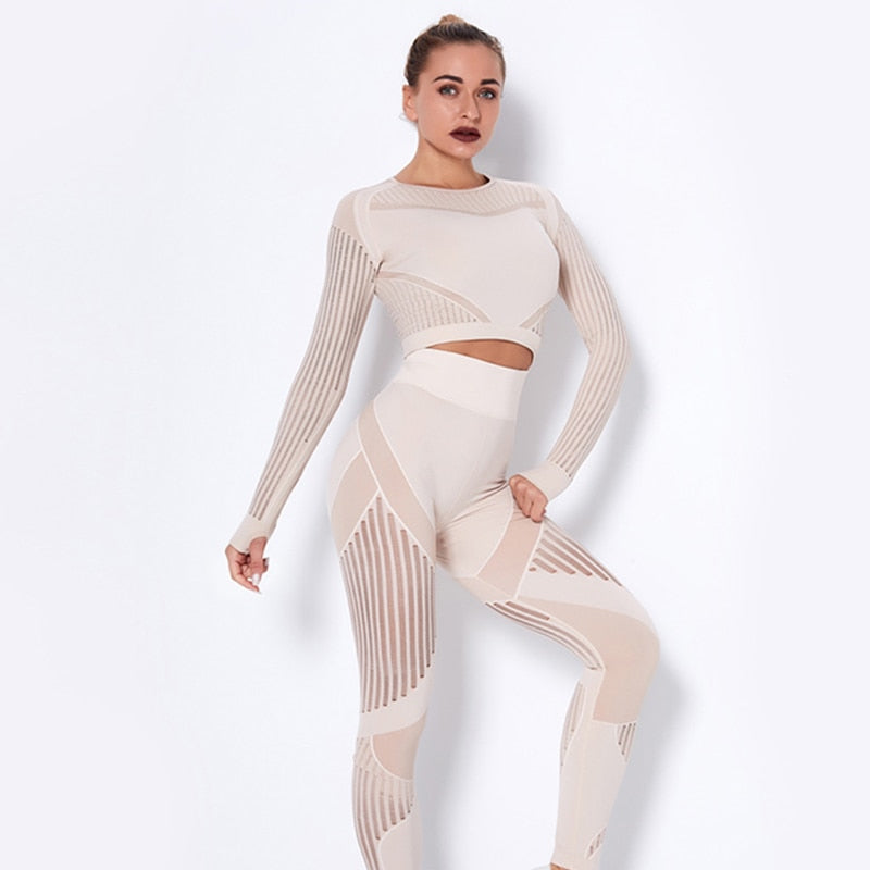 Stylish 2Pcs Yoga Set, Seamless, Long Sleeve with Sheer Panels