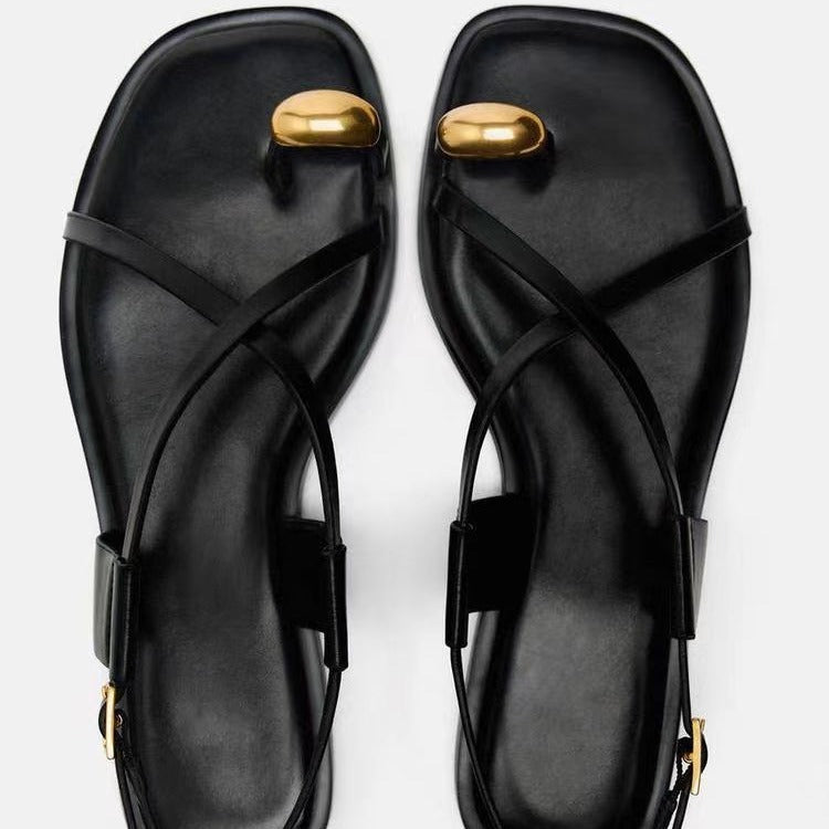 Celeste Metallic-Bead Ankle-Strap Leather Flats
