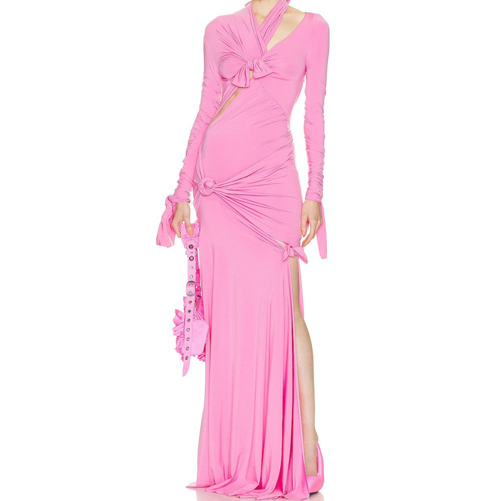 Solid Pink Cut  Long  Out Dress For Women