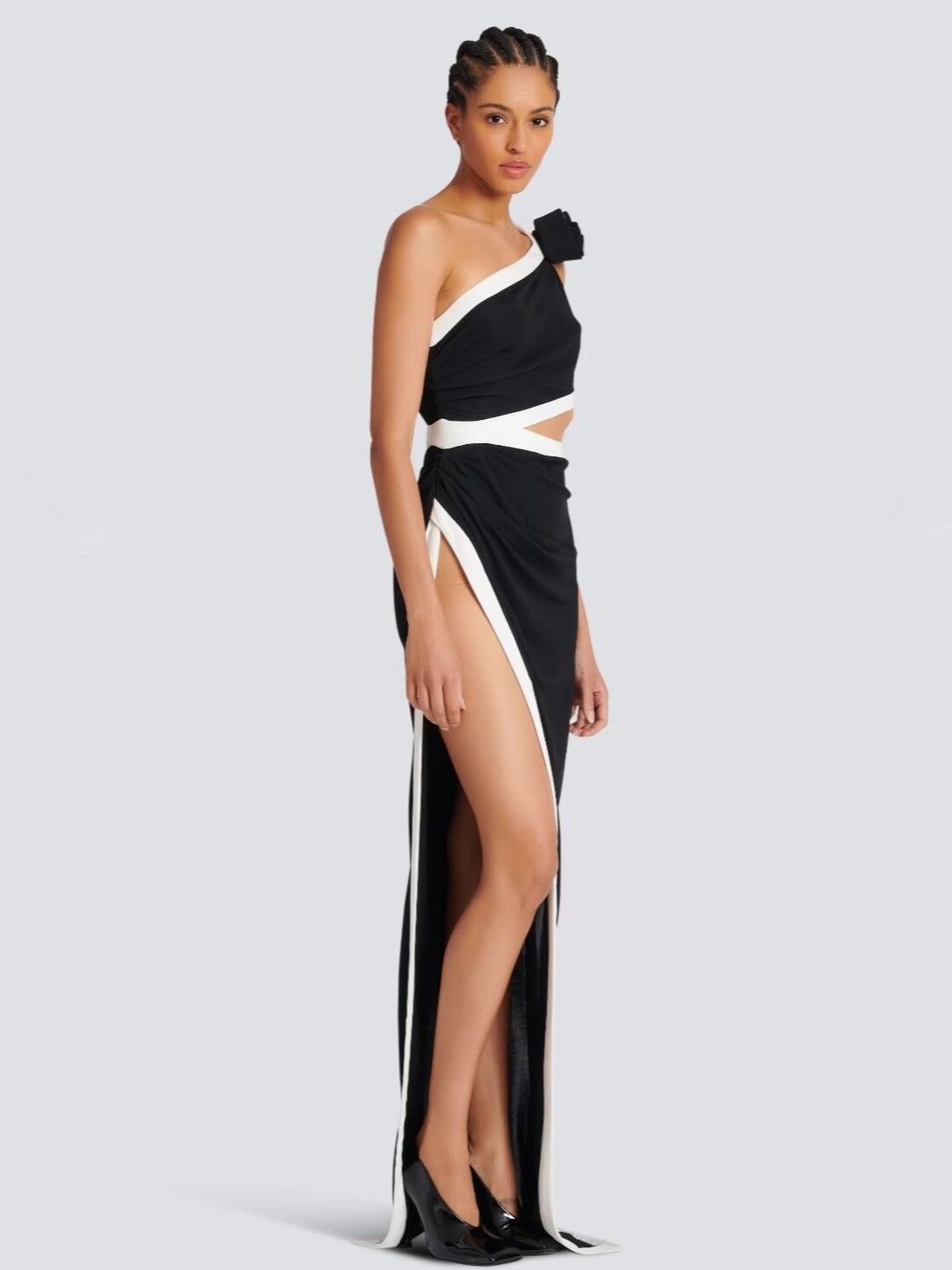 One Shoulder Thigh High Slit Black and White Formal Dress