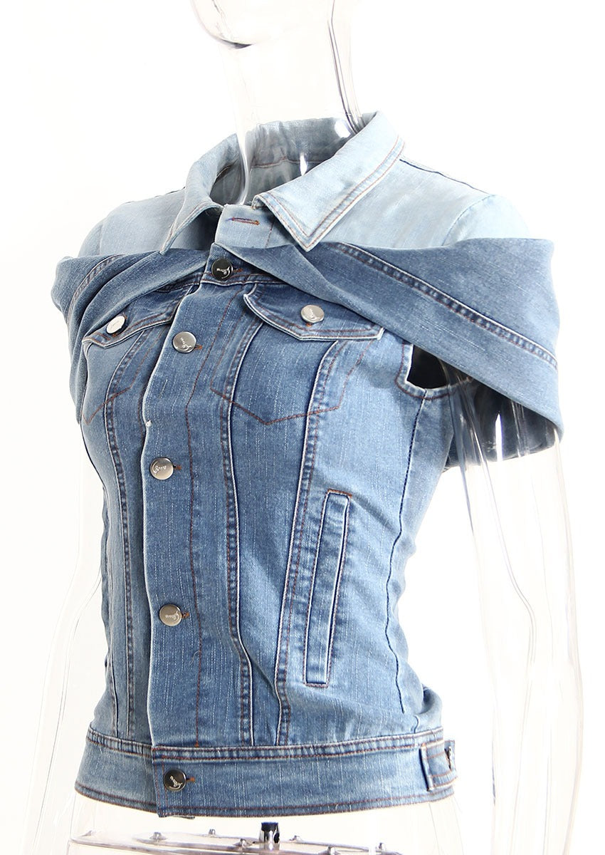 Cool Folding Sleeves Off the Shoulder Denim Shirt