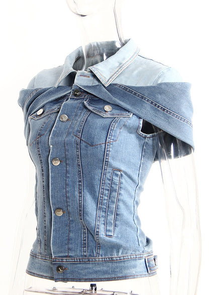 Cool Folding Sleeves Off the Shoulder Denim Shirt
