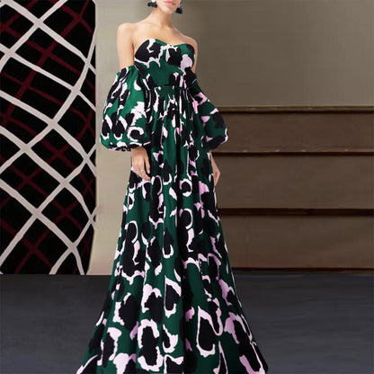 Bohemian Print Long Dress With V-Neck for Women
