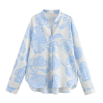Sky-Blue Floral Two-Piece Shirt & Trousers Set
