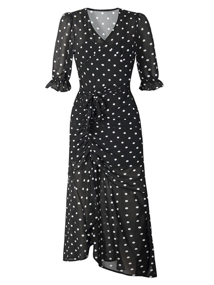 Elegant Chiffon Polka Dot  Dress With V Collar and  Lantern Sleeves