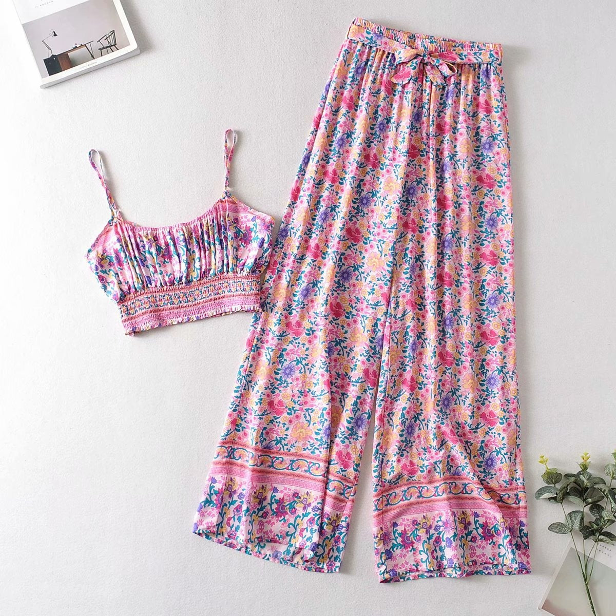 Vintage Pattern Two-piece Set with Wide Legged Pants and  Cropped Camisole Top