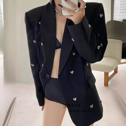 One of a Kind Black Suit Jacket With  3D Heart Shaped Beaded Adornments