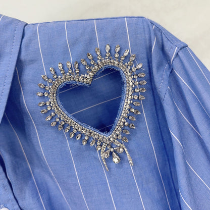 Long Sleeved Stripe Print Shirt With a Diamond Encrusted Heart Design Detail