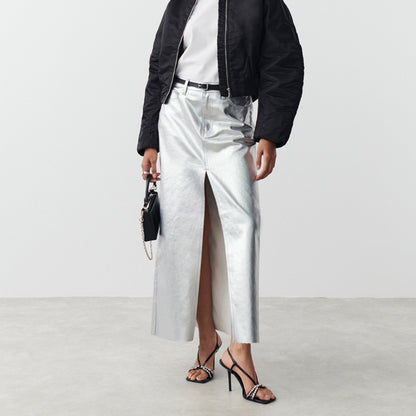 Silver Faux Leather High Waisted Ankle Length Skirts with Front Slit