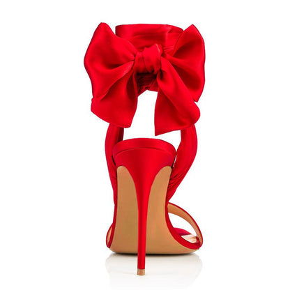 Scarlet Satin Bow Ankle-Wrap Stiletto Heels