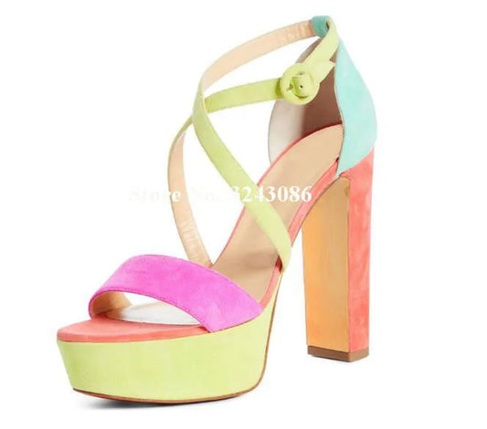Color Pop Suede Platform Sandals – Multi-Strap Chunky Heel