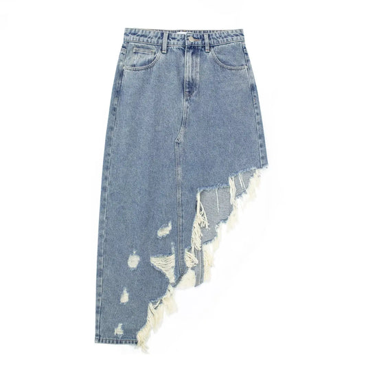 Women's Washed Blue Denim Skirt with Stylish Assymetric Torn Hemline