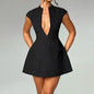 Structured Deep V Mini Black Dress – Bold Elegance Redefined