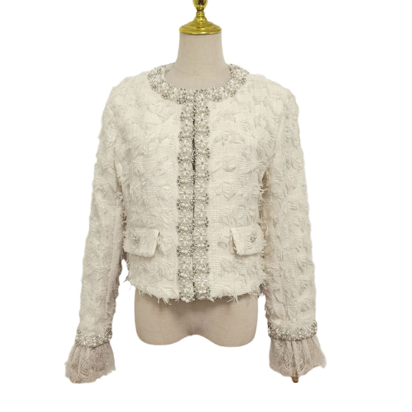 Double-sided Wool Short Jacket with Diamond Beads